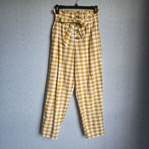 Primark Checkered Belted Gingham Button Up Paper Bag Pants‎ White Mustard 4